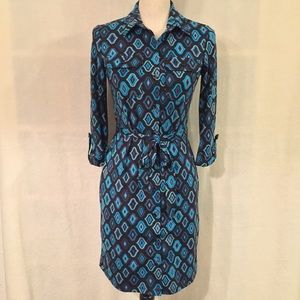Ann Taylor black & blue geometric mod print button down long sleeve shirt dress